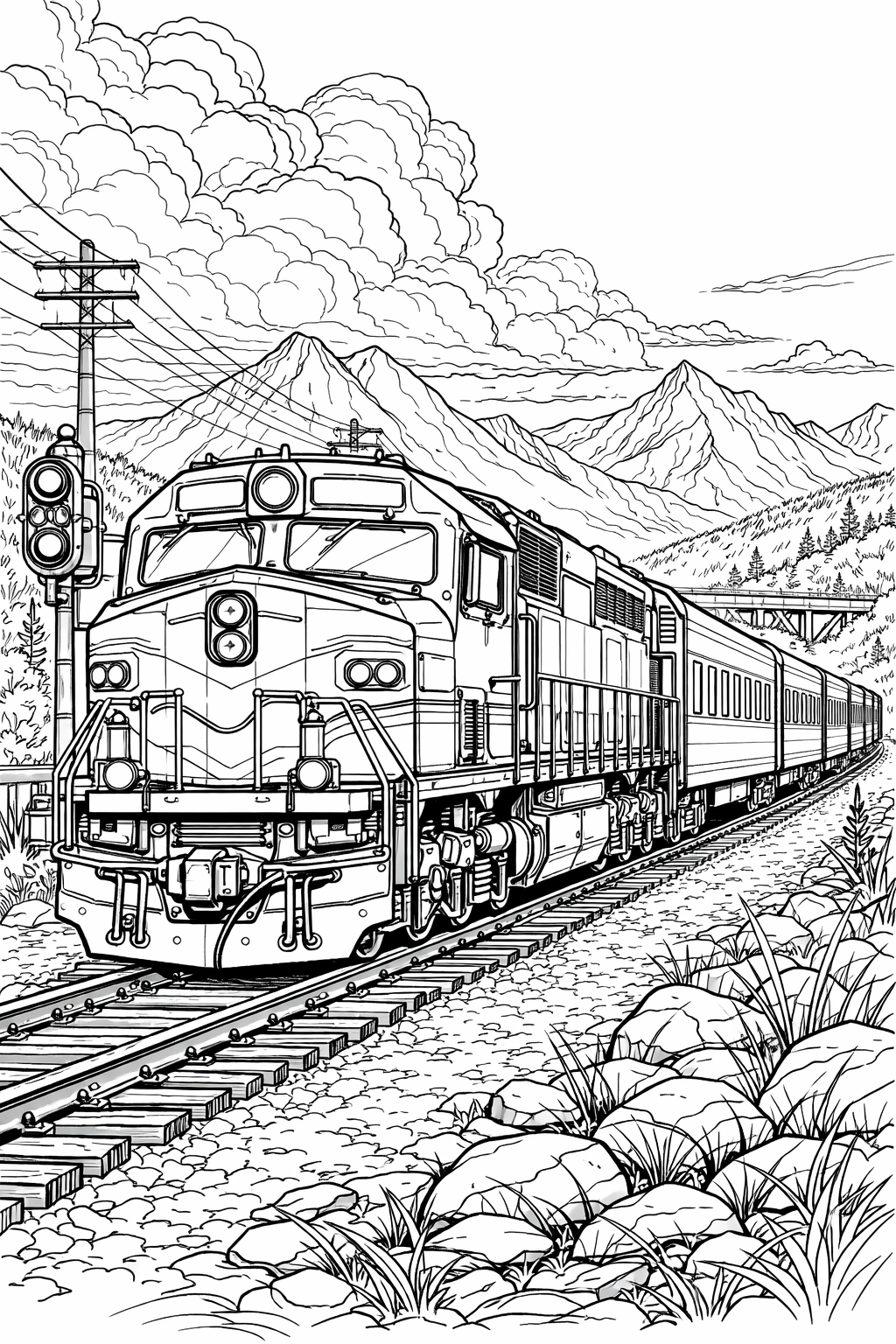 Kleurplaat Trein 2. Een diesellocomotief met een lange rij passagierswagons rijdt langs een spoorseinpaal door een…