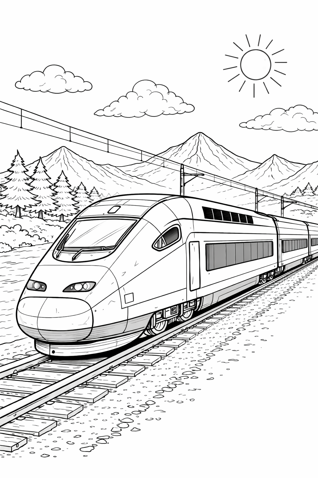 Kleurplaat Hogesnelheidstrein. Een gestroomlijnde hogesnelheidstrein met een puntige, aerodynamische neus raast onder de…