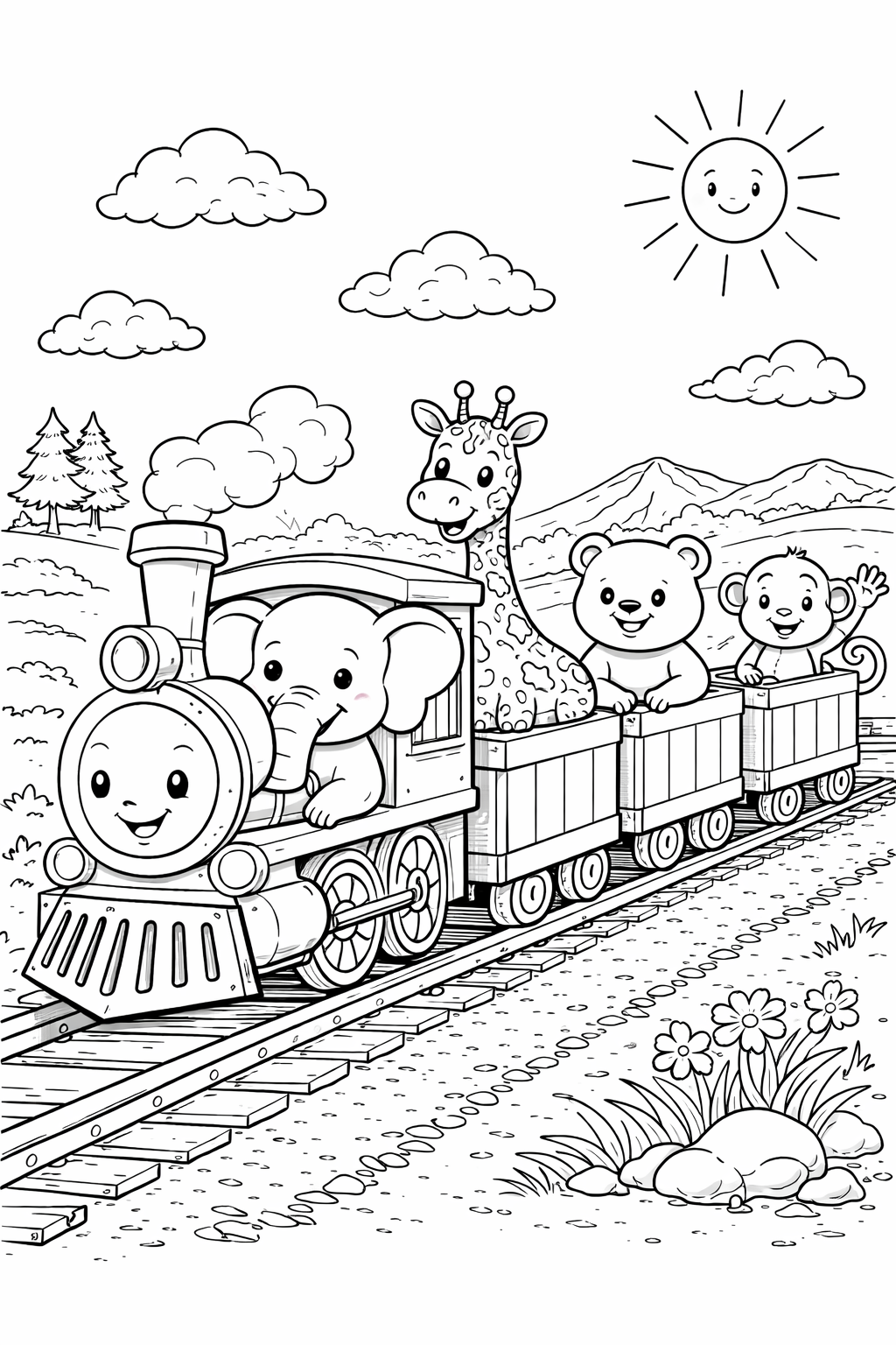 Kleurplaat van een trein met een olifant, giraffe en aap
