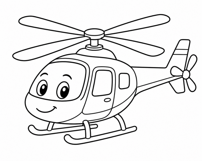 Kleurplaat van helikopter: Een vrolijke helikopter met een lachend gezichtje op de neus zweeft door de lucht, met grote…