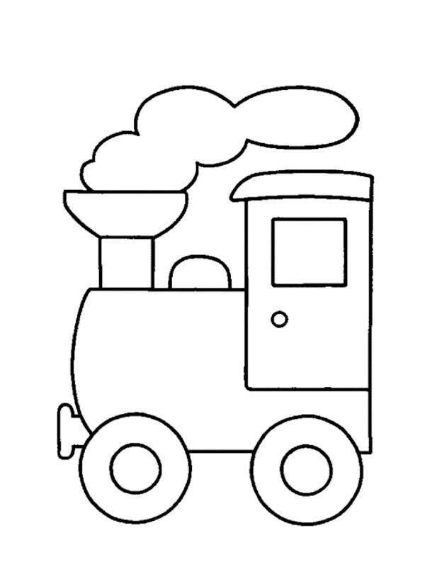 Kleurplaat Trein simpel: Een vrolijke stoomlocomotief met een lachend gezichtje puft grote rookwolkjes de lucht in, met twee…