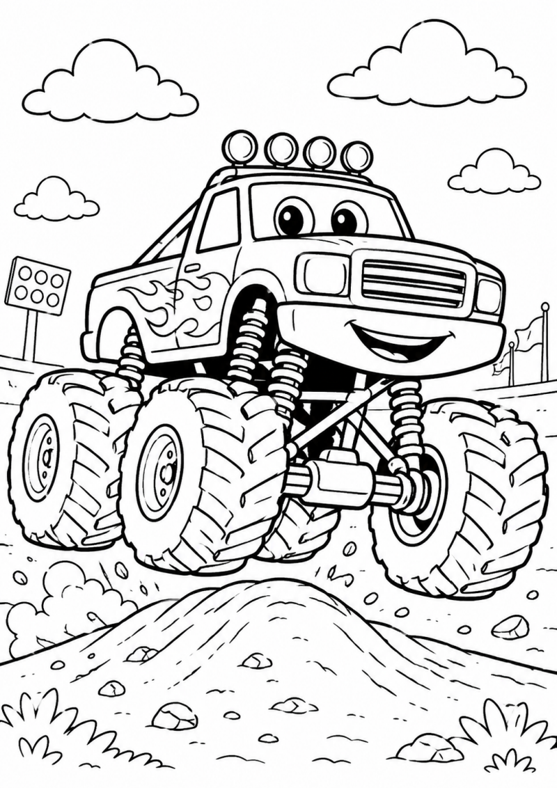 Kleurplaat van een monstertruck met grote banden die over een heuvel springt