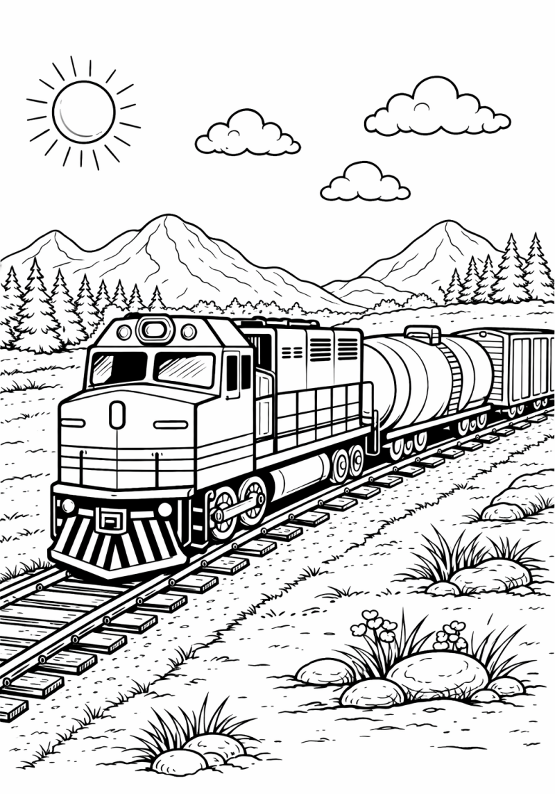 Kleurplaat Goederentrein: Een stoere diesellocomotief trekt een tankwagon en een goederenwagon over de rails, terwijl op de…
