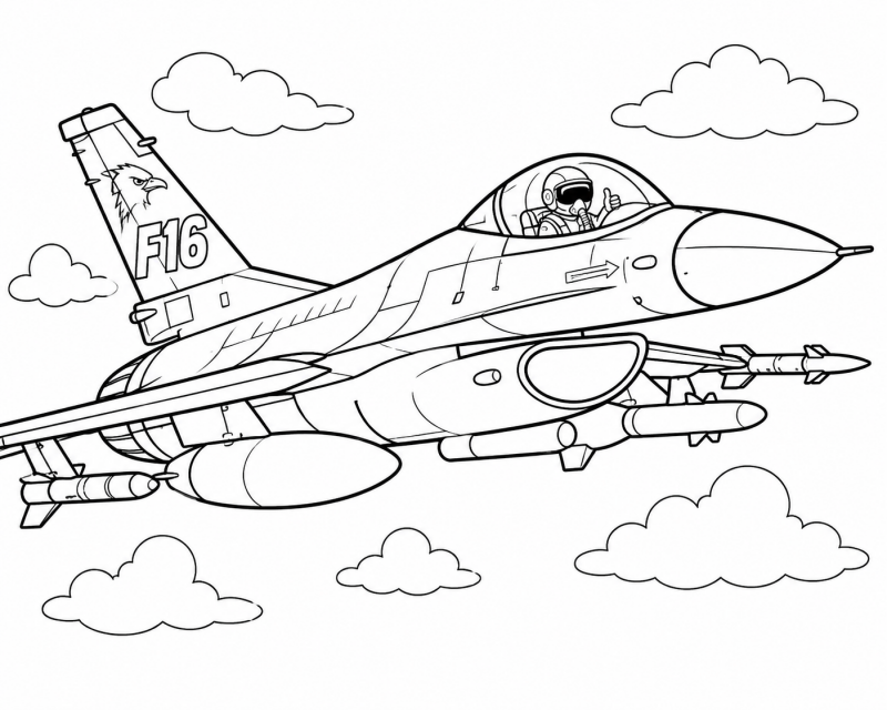 Kleurplaat van f16: Hier vind je een kleurplaat van een stoere F16 met piloot