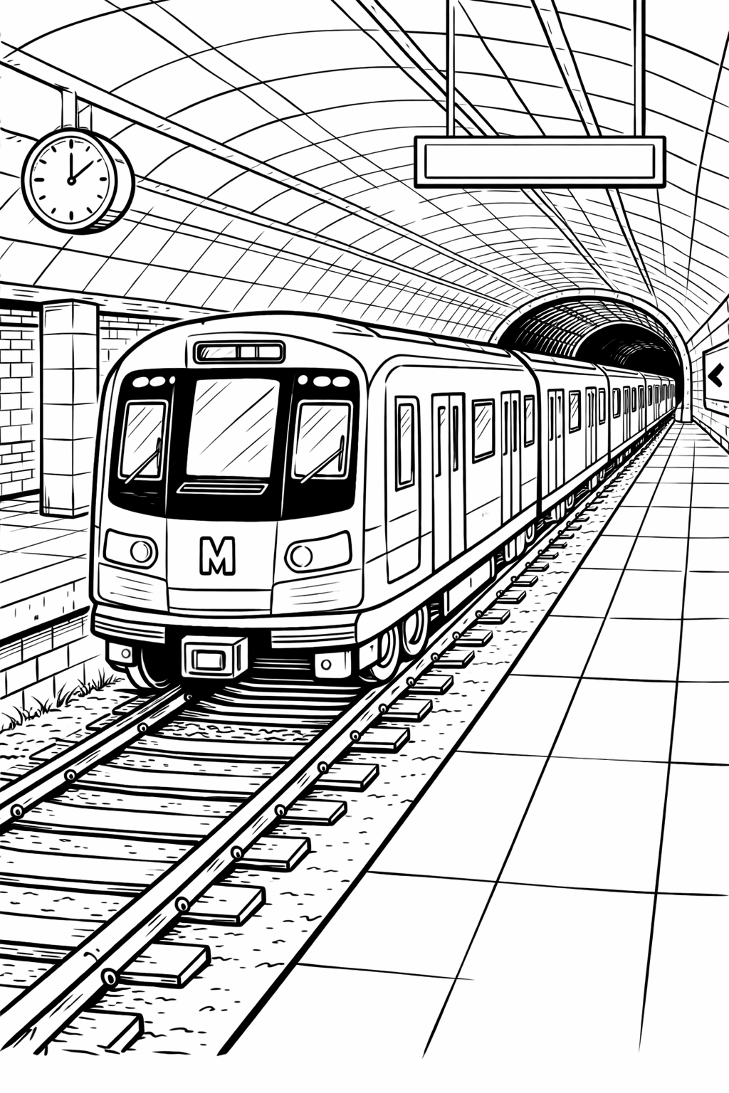 Kleurplaat Metro — Een metro met een grote letter 'M' op de neus rijdt een ondergronds tunnelstation binnen, met een klok en…