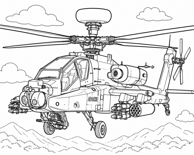 Kleurplaat Apache helikopter. Ben je op zoek naar een kleurplaat van een Apache helikopter