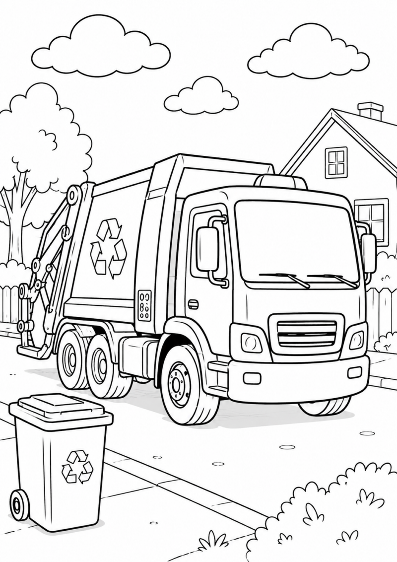 Kleurplaat Vuilniswagen. Een stevige vuilniswagen met een recyclesymbool op de laadbak staat geparkeerd bij een huis, met de…