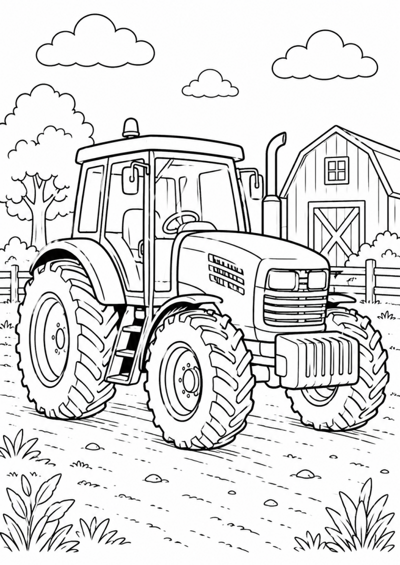 Kleurplaat van een tractor bij een schuur