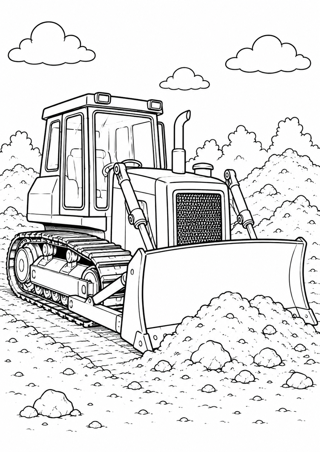 Kleurplaat Bulldozer — Een stevige bulldozer met dikke rupsbanden en een groot schuifblad duwt een berg aarde en stenen…