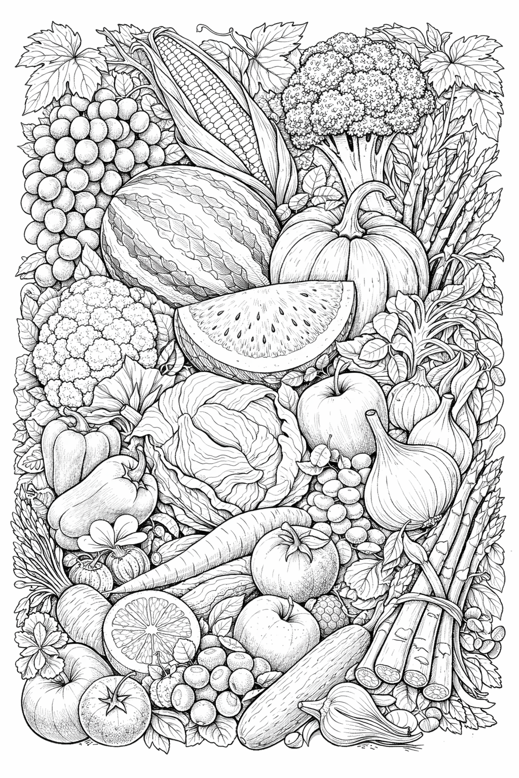 Kleurplaat van groente en fruit voor volwassenen