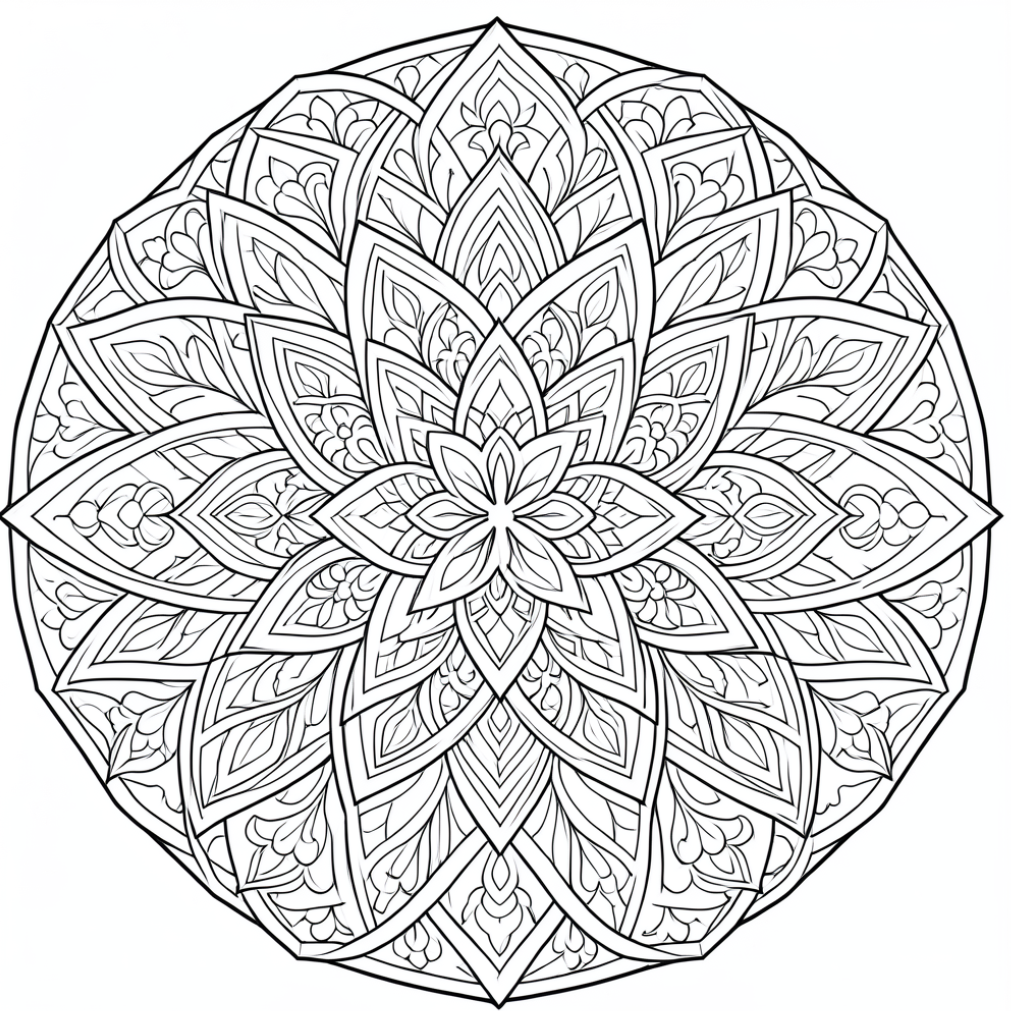 Kleurplaat Mandala: Een grote stervormige bloemmandala vult een volledige cirkel, met spitse blaadjes die in steeds grotere…