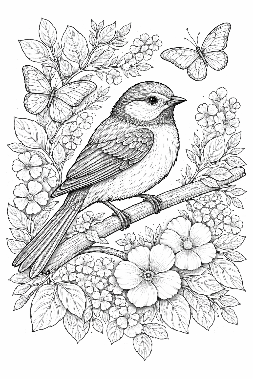 Kleurplaat van een vogel met bloemen voor volwassenen