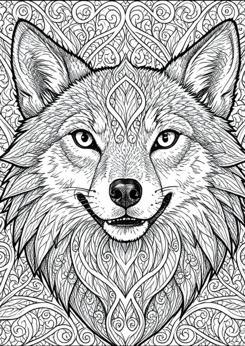Gratis kleurplaat volwassenen wolf 2: Een indrukwekkende wolvenkop kijkt je recht en doordringend aan, met elke haarlok in…