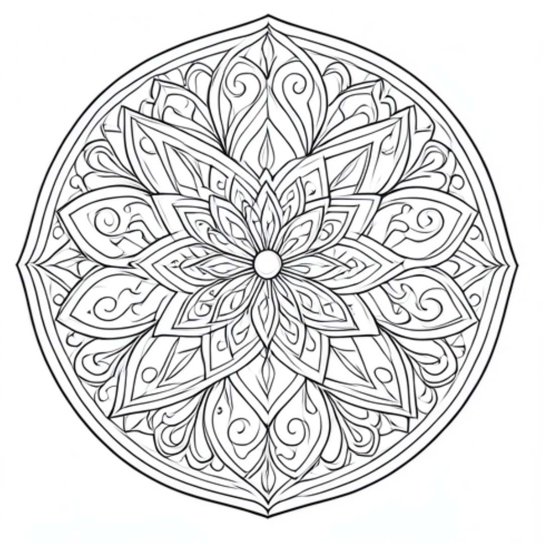 Kleurplaat Mandala 4: Een grote bloemmandala vult een volledige cirkel, met spitse blaadjes waartussen sierlijke…
