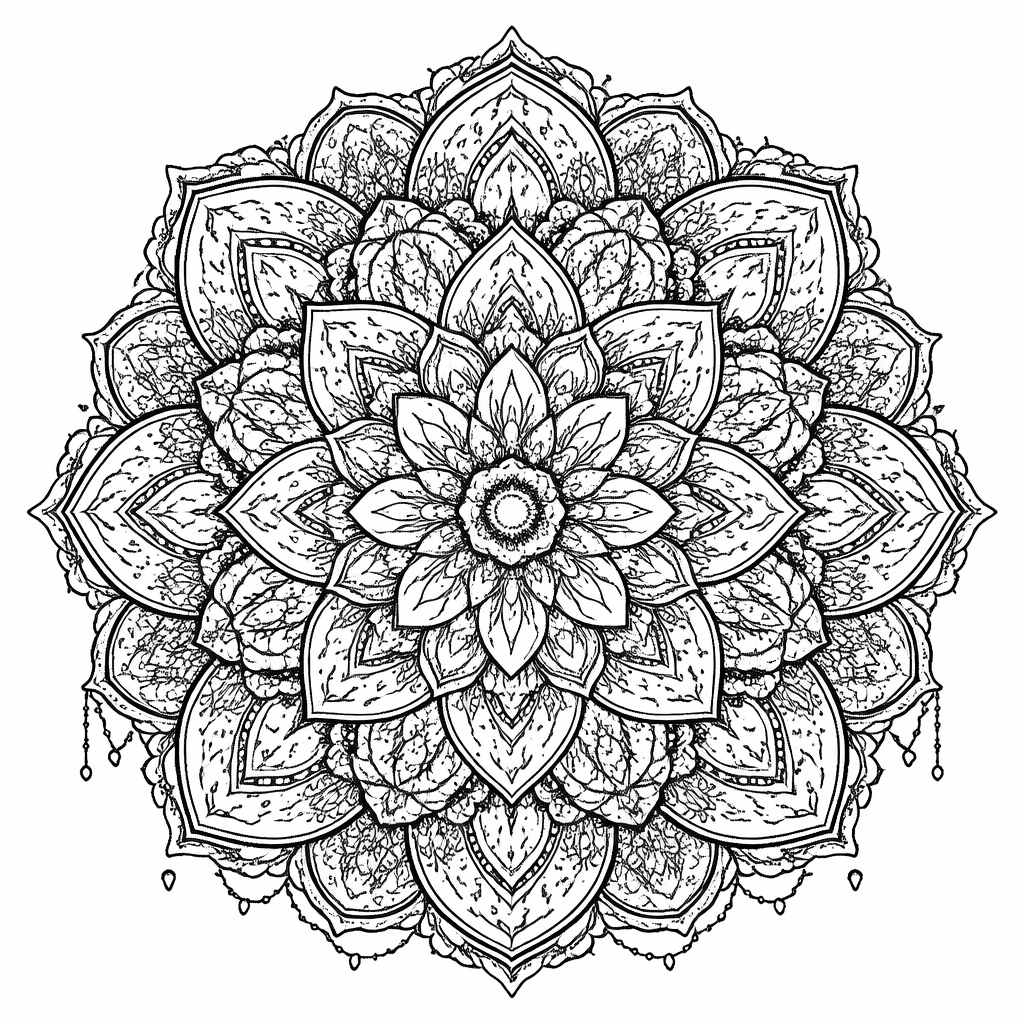 Kleurplaat Mandala 6. Een weelderige bloemmandala met tientallen gelaagde bloemblaadjes die als een grote lotusbloem om…
