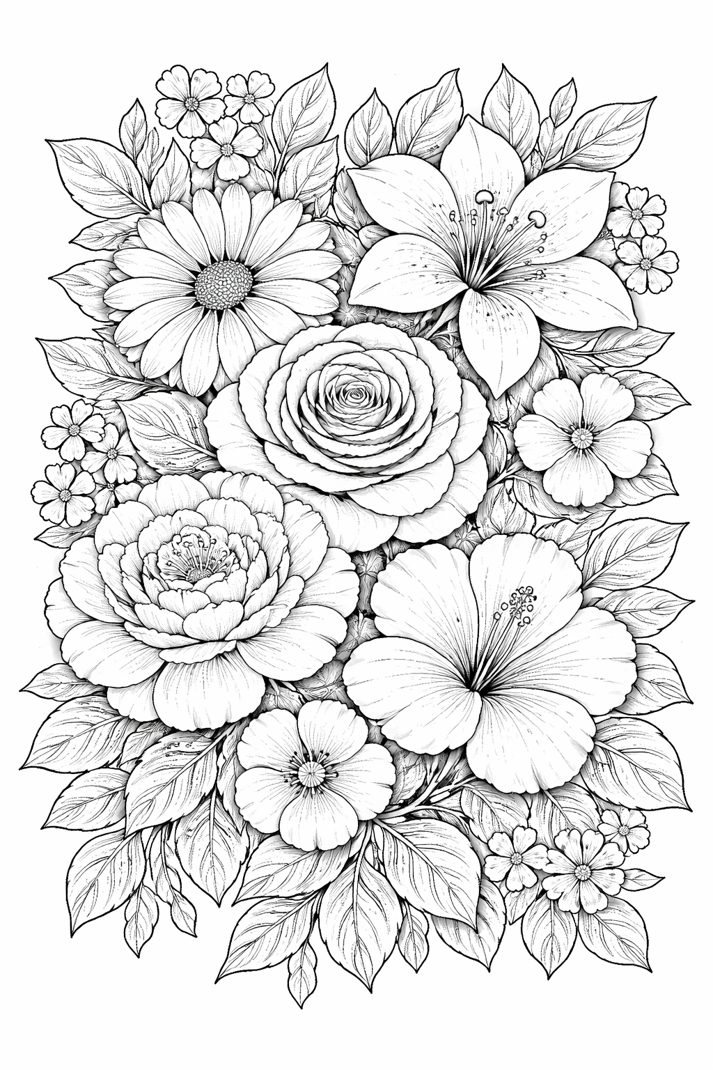 Kleurplaat van een bloemenboeket voor volwassenen