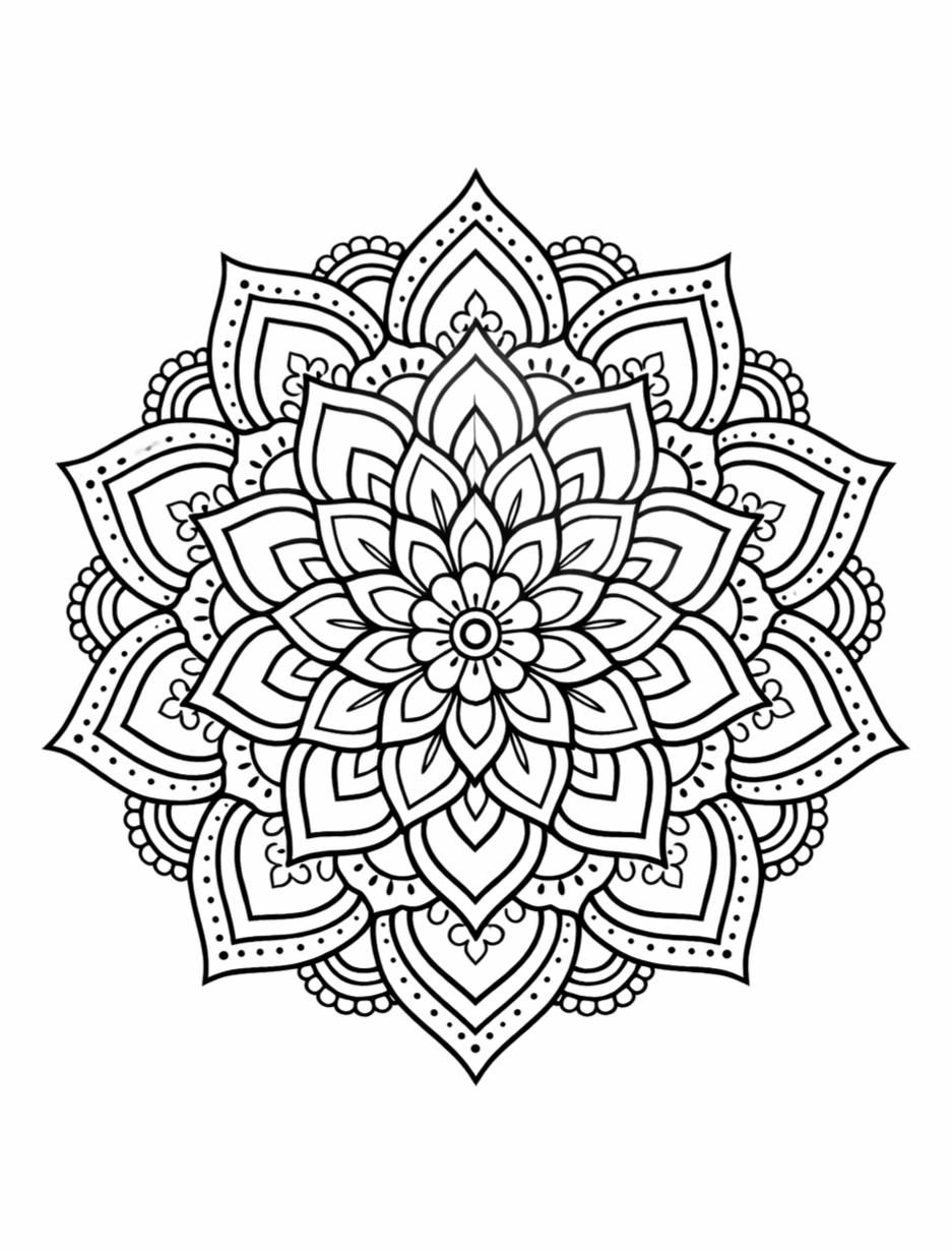 Kleurplaat van mandala 8: Een weelderige bloemmandala met tientallen puntige, hartvormige blaadjes die laag over laag om een…