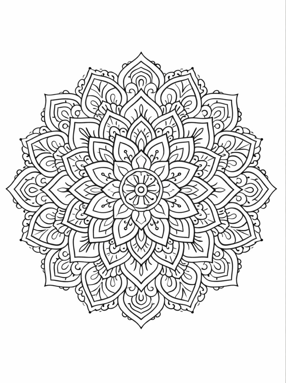 Kleurplaat Mandala 9: Een weelderige, gelaagde bloemmandala zonder omcirkelende rand bouwt zich op uit talloze gepunte…