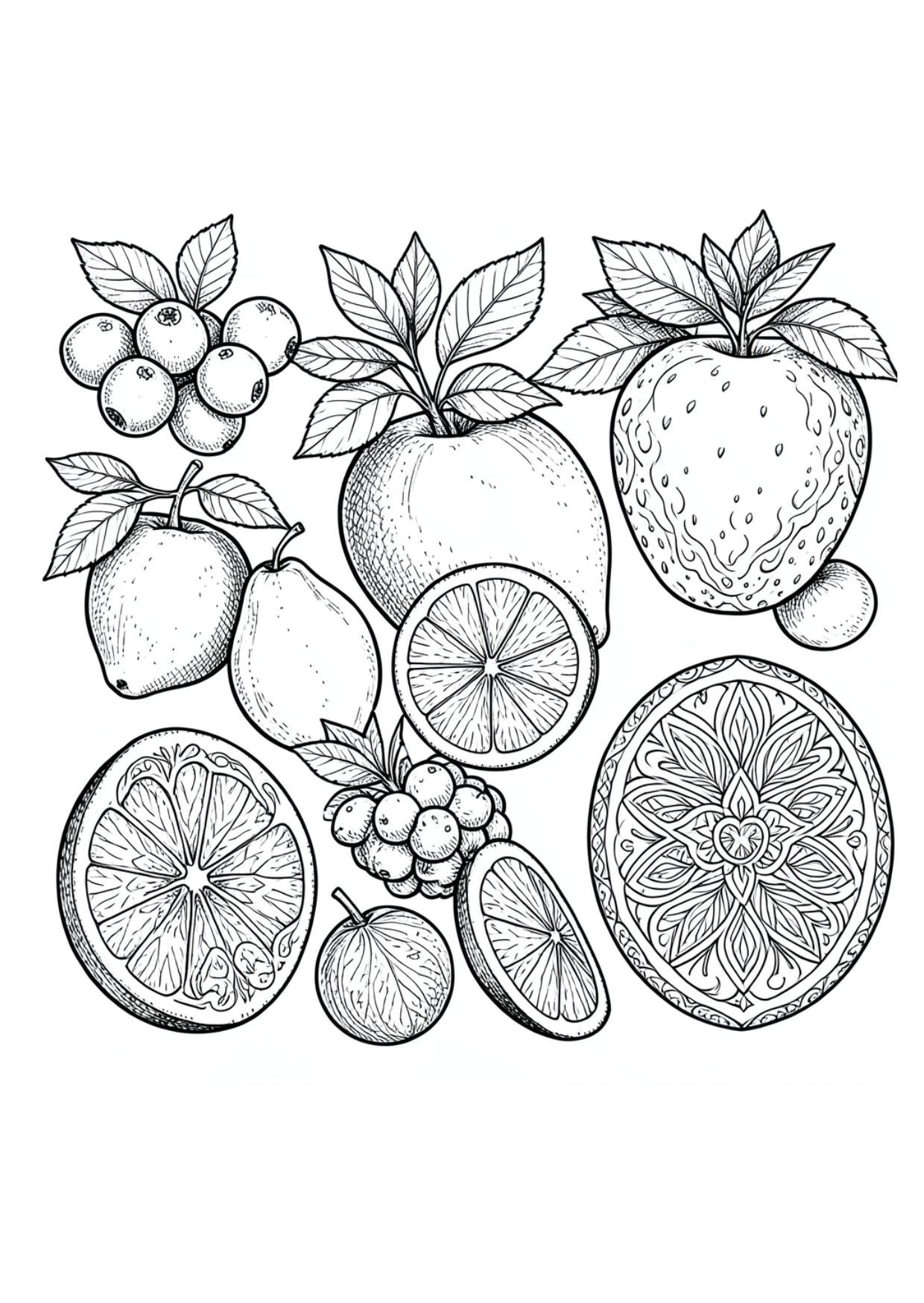 Kleurplaat Volwassenen fruit: Een rijke collage van fruit vult het hele vlak: trosjes bessen, een hele en doorgesneden…