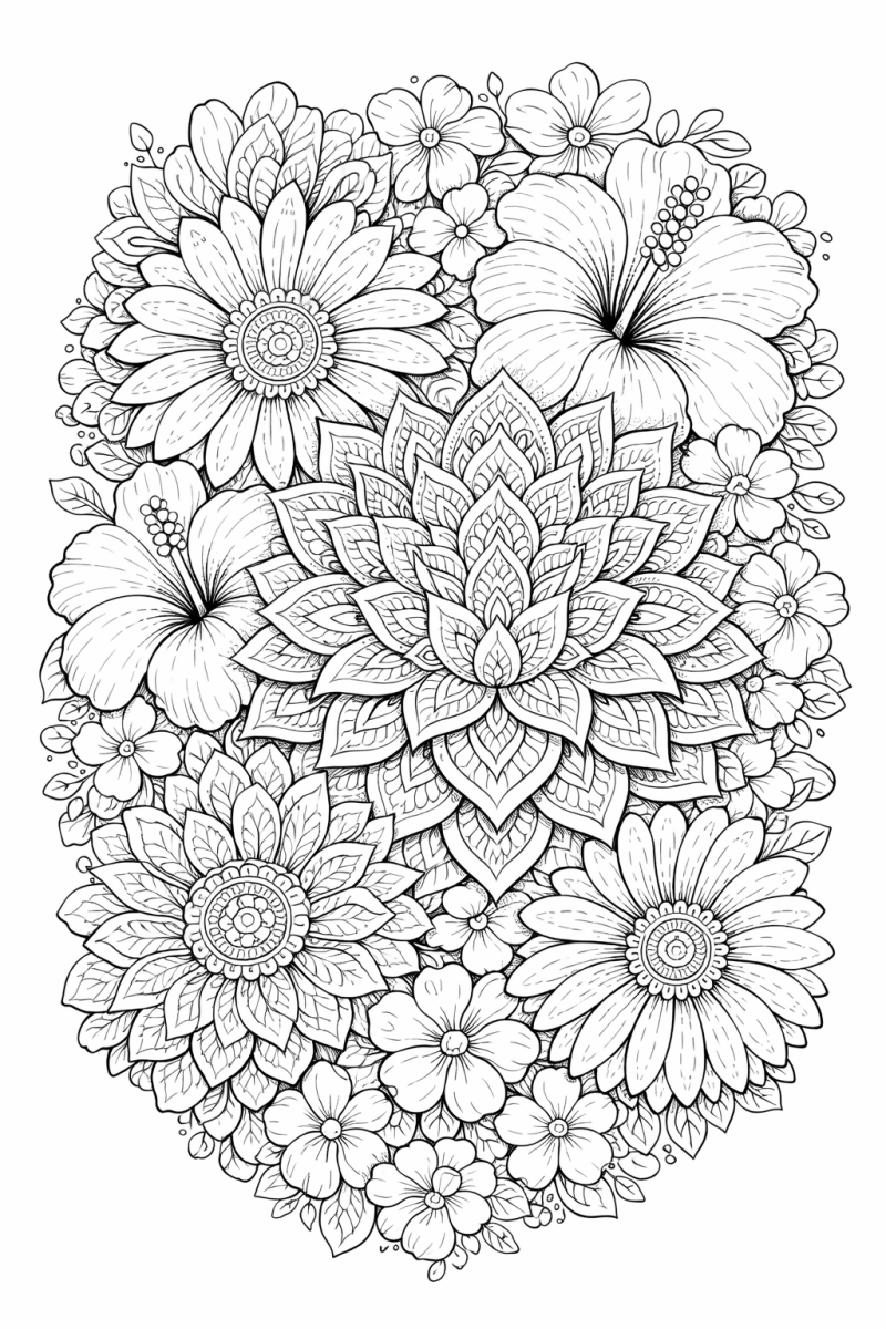 Kleurplaat Volwassenen bloemen 3. Een weelderige bloemencompositie draait om een gedetailleerde, mandala-achtige lotusroos…