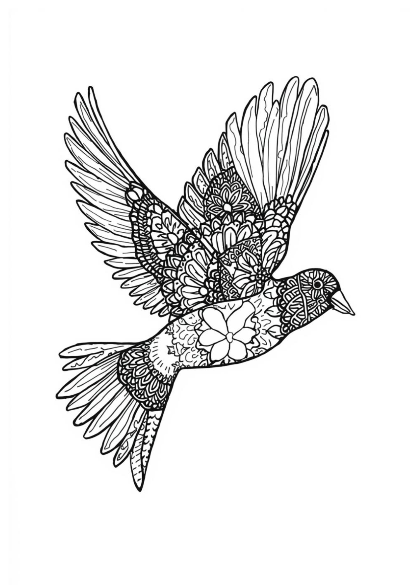 Kleurplaat van een vogel in vlucht met mandala-patroon op de vleugels