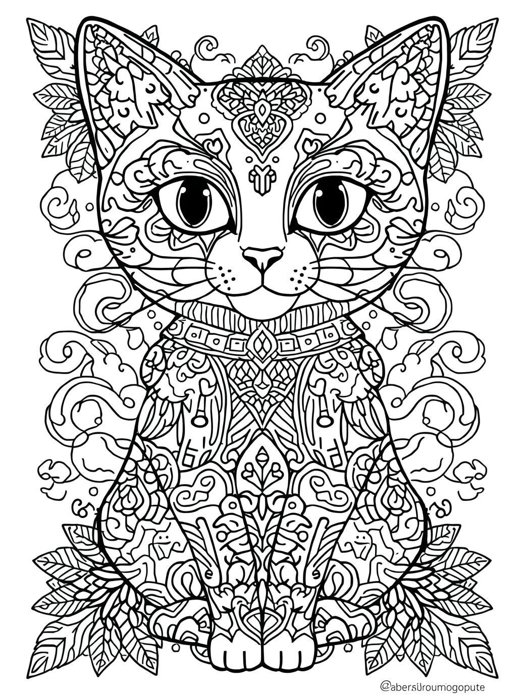 Kleurplaat van een kat met mandala-patronen voor volwassenen