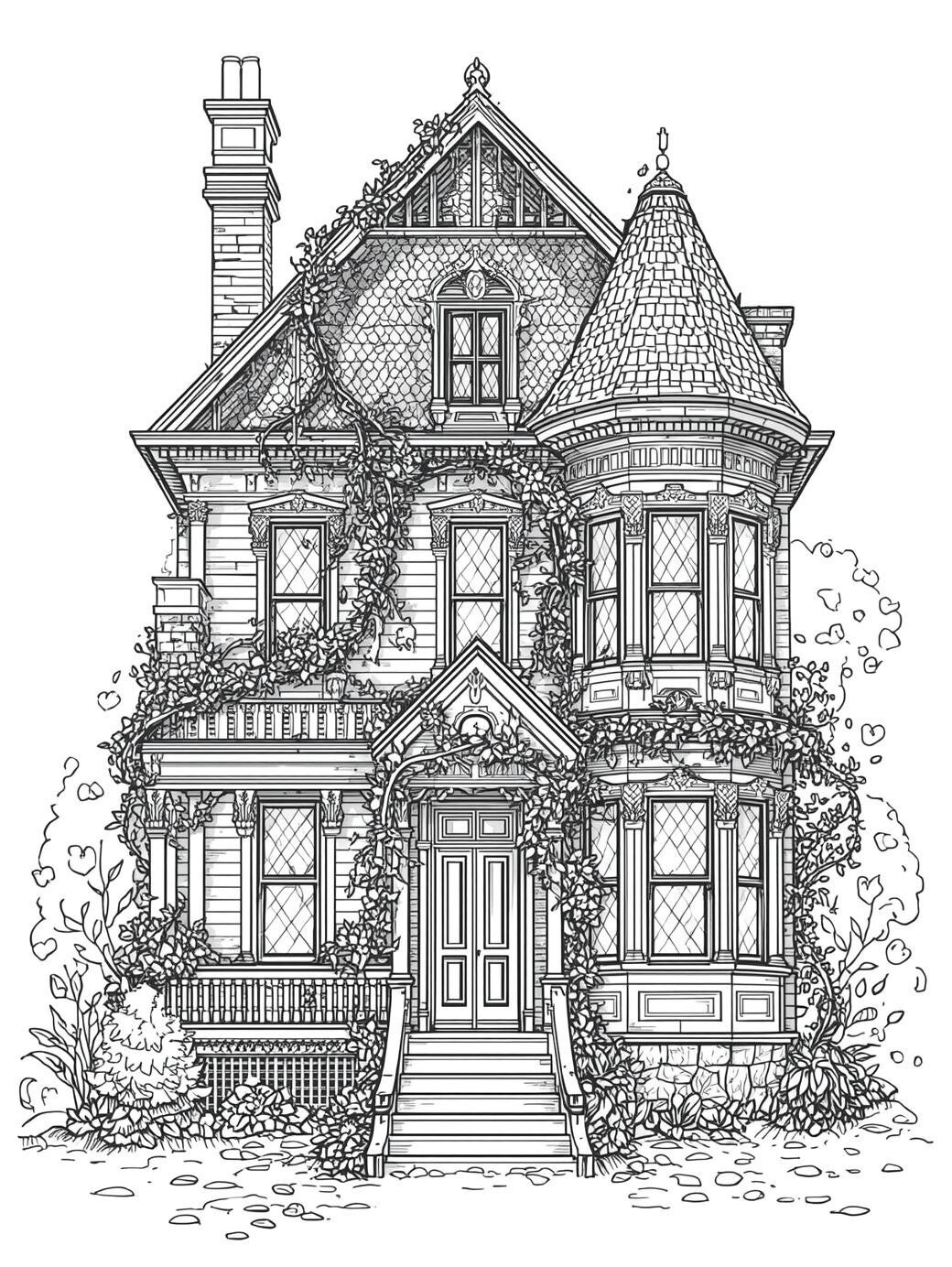 Kleurplaat Volwassenen huis. Een indrukwekkend Victoriaans huis met een puntig torentje, een ronde erker en luiken bij elk…