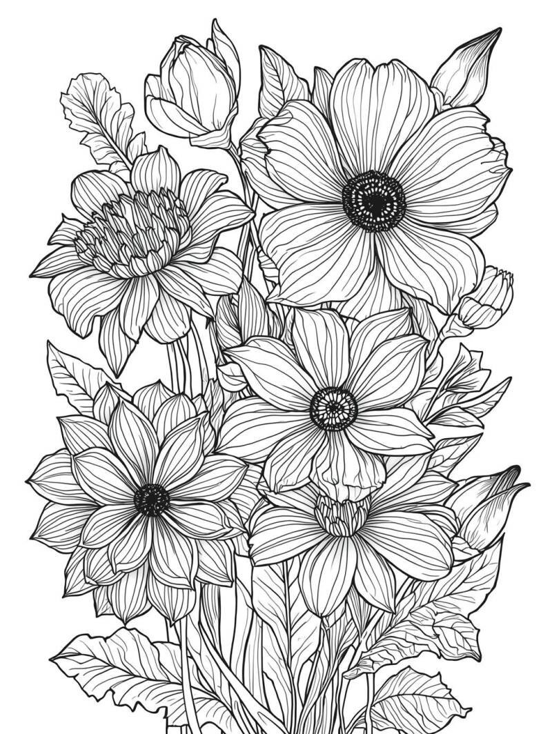Kleurplaat Volwassenen bloemen 6: Een weelderig boeket van verschillende bloemsoorten, van een grote anemoon tot dahlia's in…