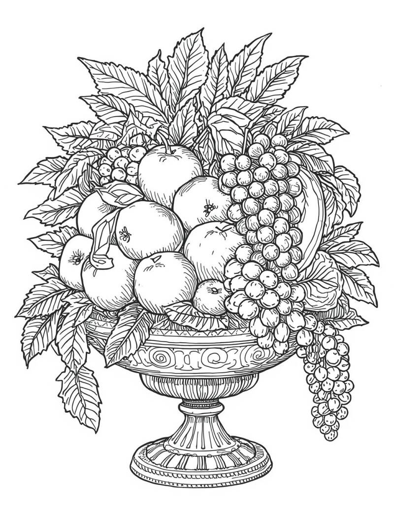 Kleurplaat Volwassenen fruitschaal — Een sierlijke, klassieke fruitschaal op een hoge, versierde voet staat overvol met…