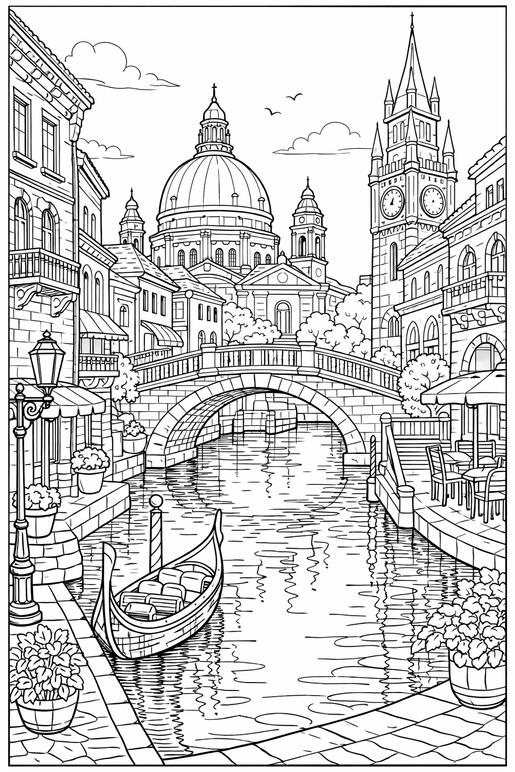 Kleurplaat van een Italiaans stadsgezicht met kanaal en gondel
