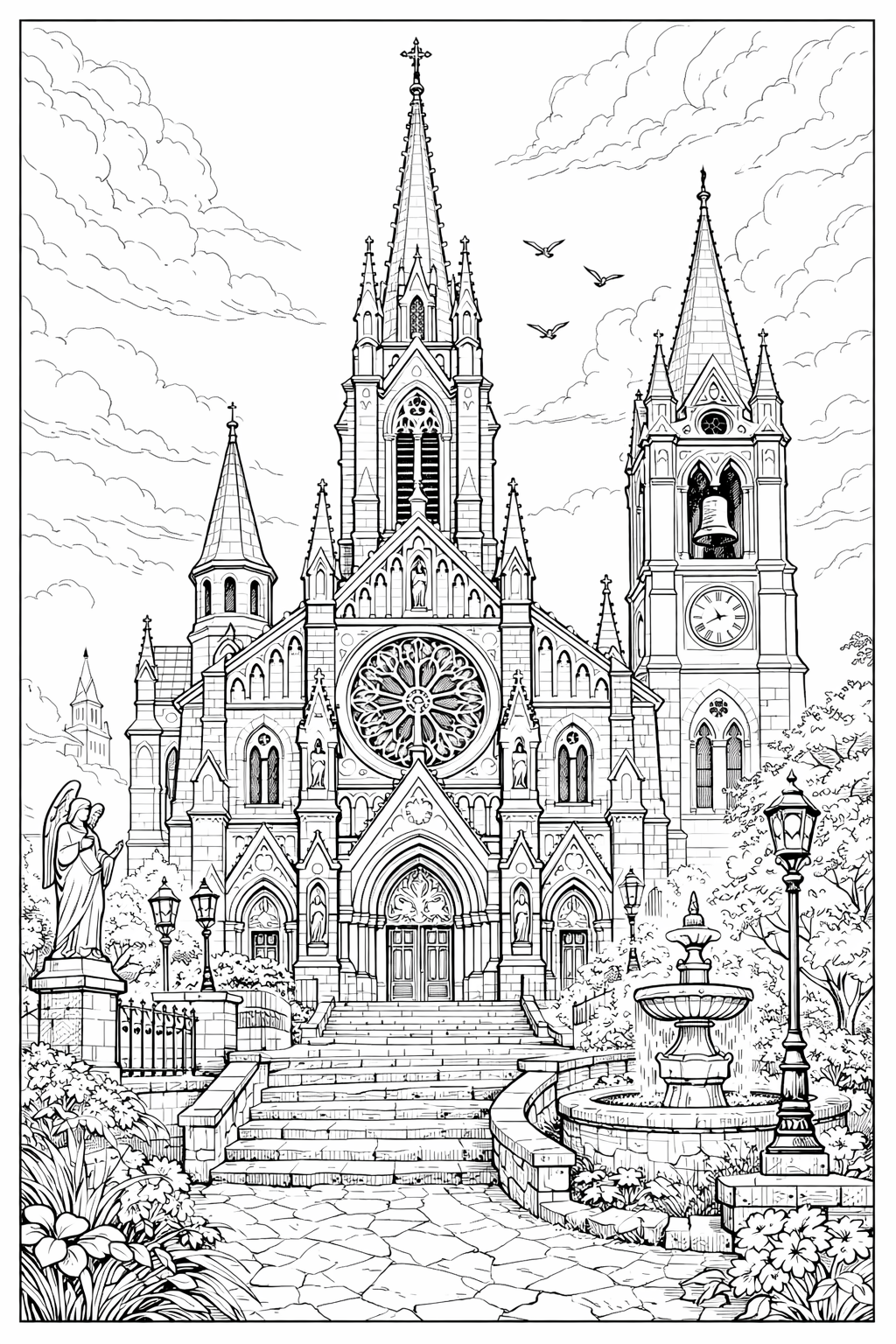 Kleurplaat van een gedetailleerde kathedraal voor volwassenen