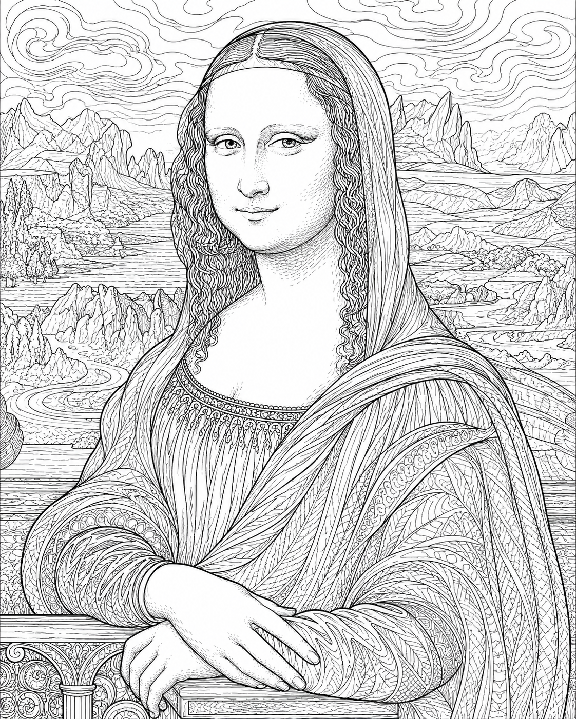 Kleurplaat van de Mona Lisa met een berglandschap op de achtergrond