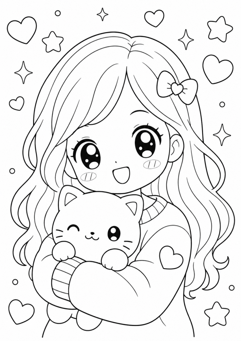 Kawaii kleurplaat meisje met kat