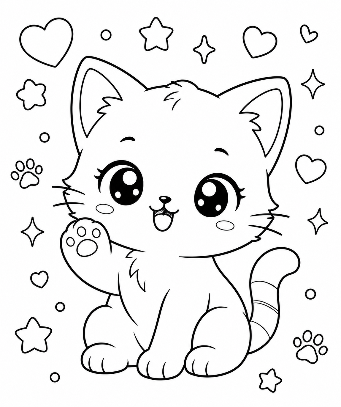 Kleurplaat Kitten — Een kawaii-kitten met enorme, fonkelende ogen en een piepklein neusje zwaait vrolijk met één pootje…