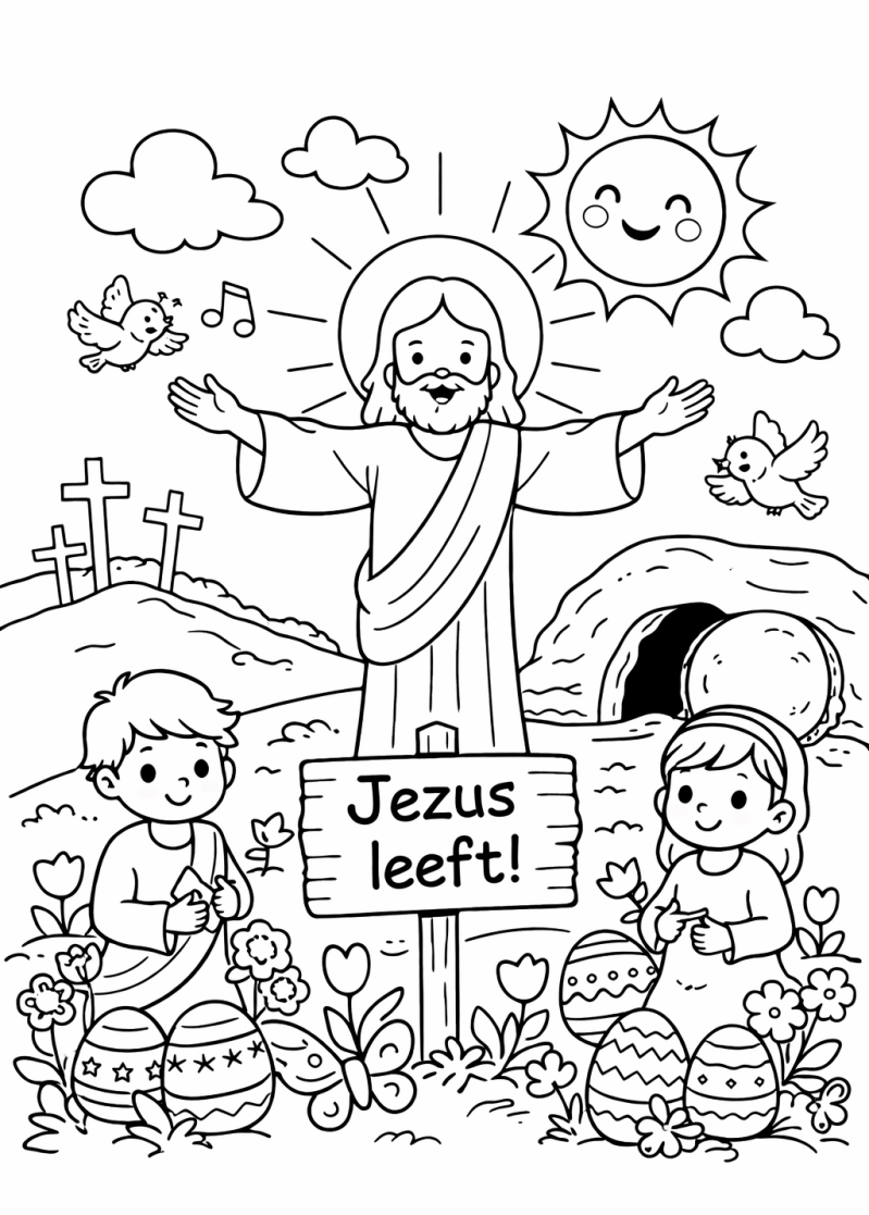 Kleurplaat Pasen met Jezus, kinderen en paaseieren bij 'Jezus leeft'