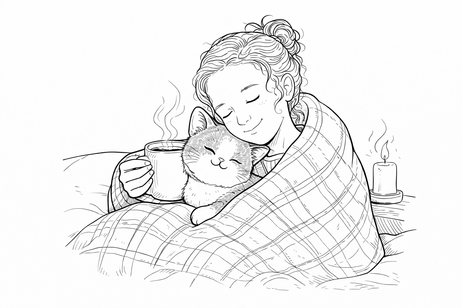 Kleurplaat vrouw met kat onder een deken bij het kaarslicht