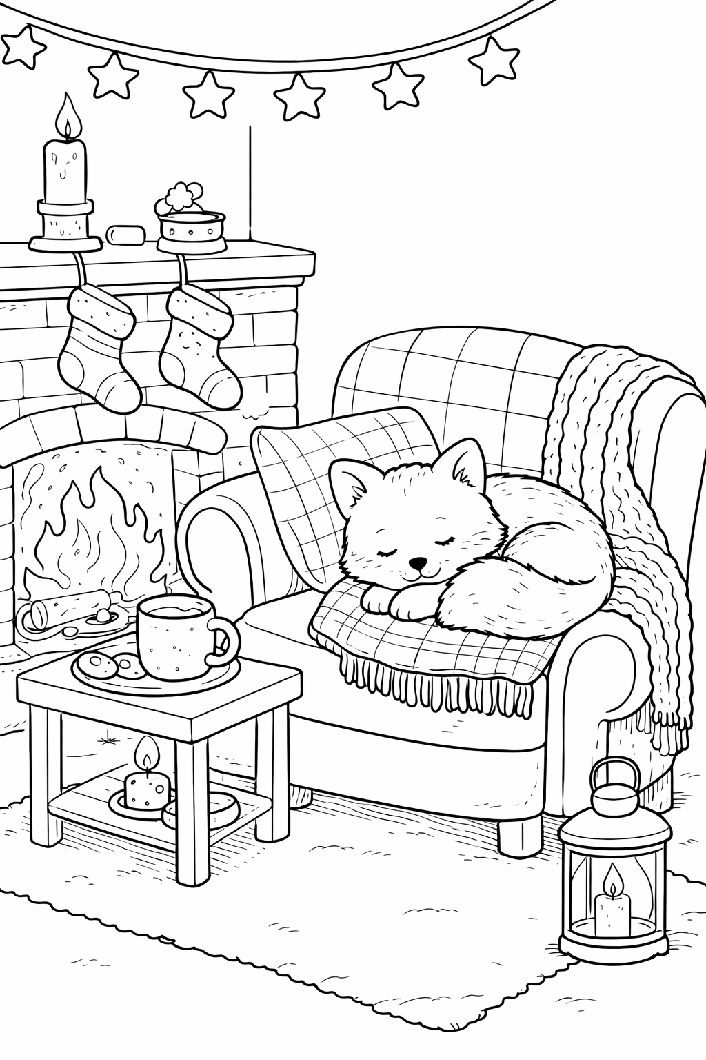 Kleurplaat Cozy kat bij haardvuur. Een slaperig katje ligt heerlijk opgekruld te dutten in een dikke, geruite fauteuil, met…