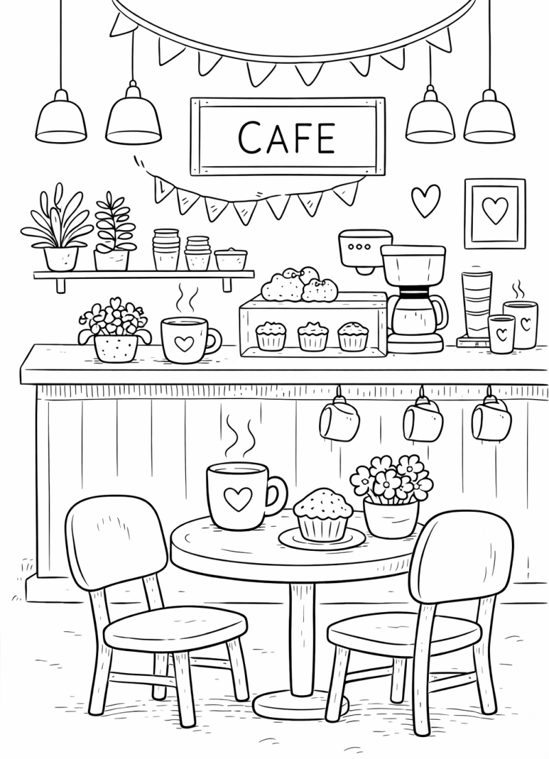 Kleurplaat van een schattig café met cupcakes en een koffietafeltje