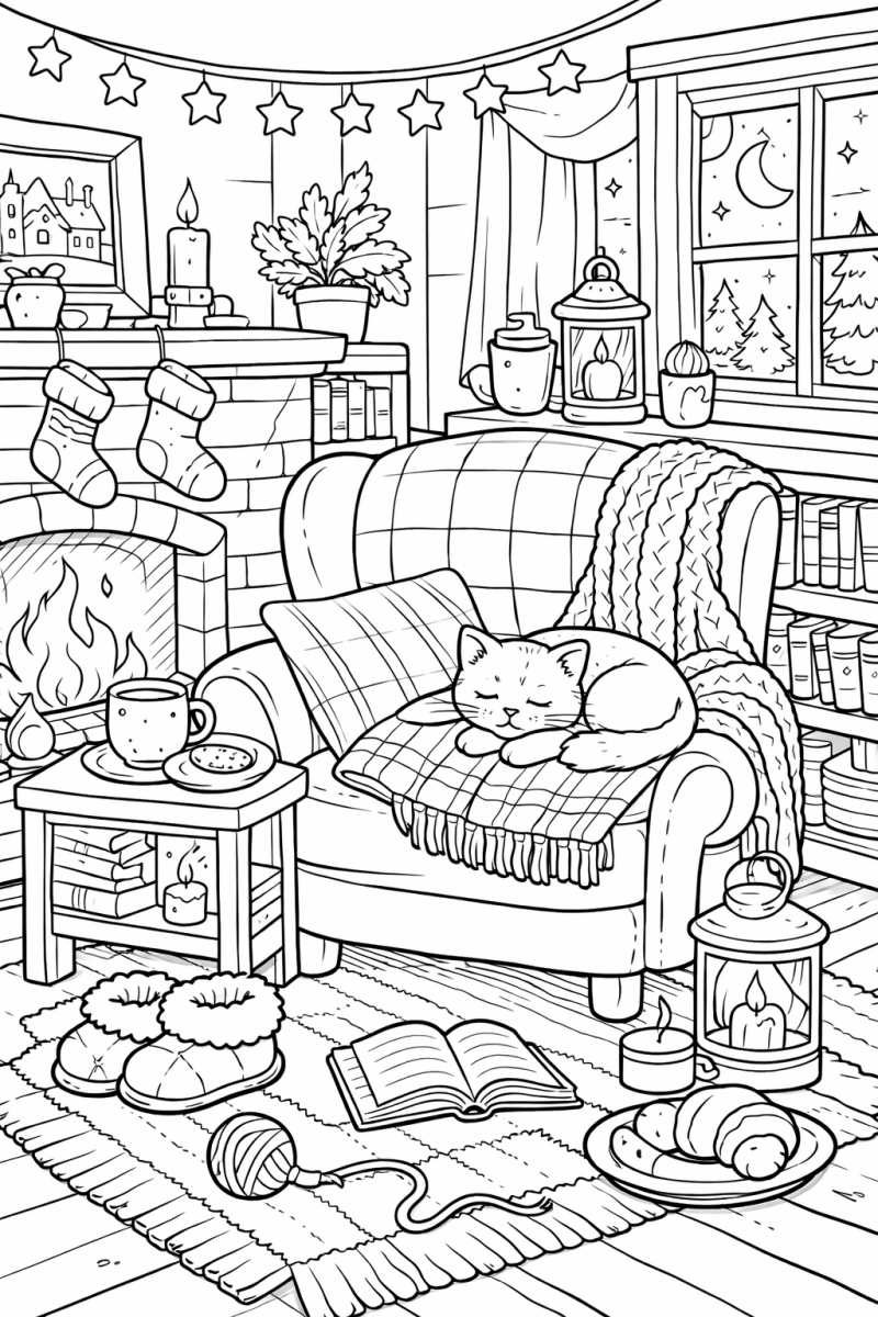 Kleurplaat van een slapende kat in een knusse huiskamer