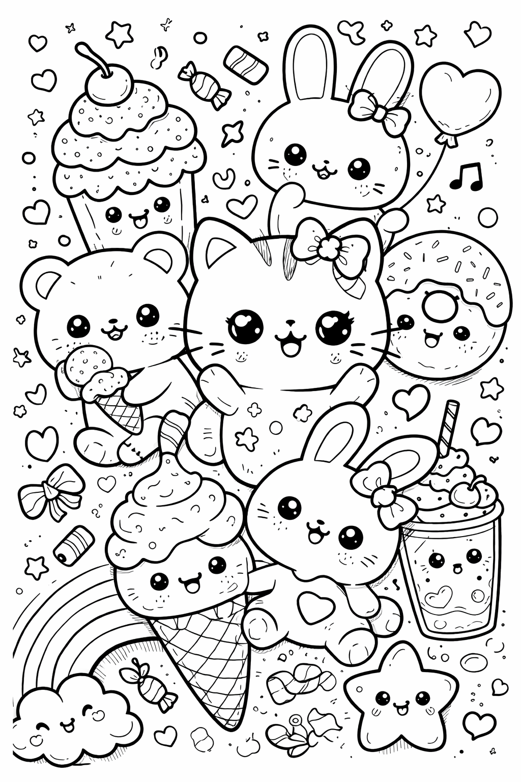 Kleurplaat van kawaii cozy: Een vrolijke kawaii-collage vol schattige gezichtjes: een kat met een strikje in het midden, een…