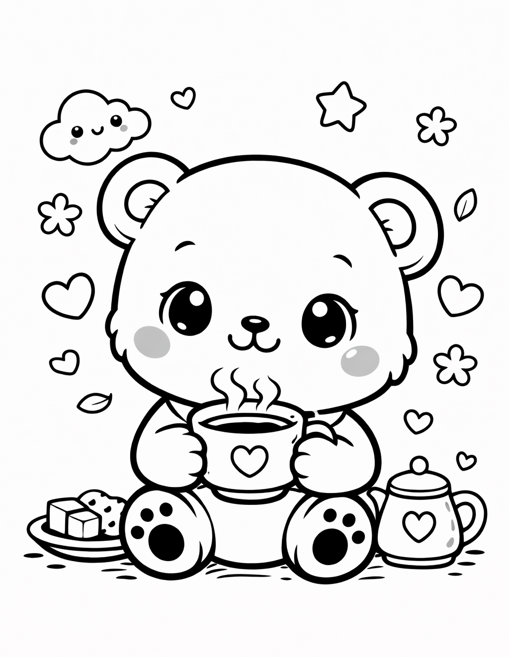 Kleurplaat Cozy kawaii kleurplaat beertje. Een kawaii-beertje met dikke rode wangetjes houdt een dampende beker met een…
