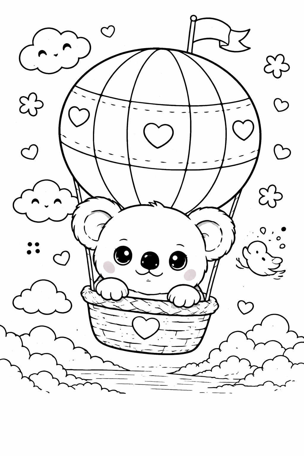 Kleurplaat van een koala in een luchtballon met hartjes