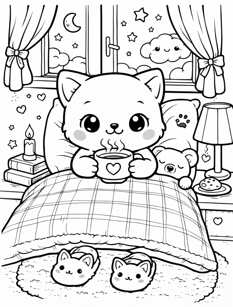 Kleurplaat van een kat in bed met een mok en teddybeer