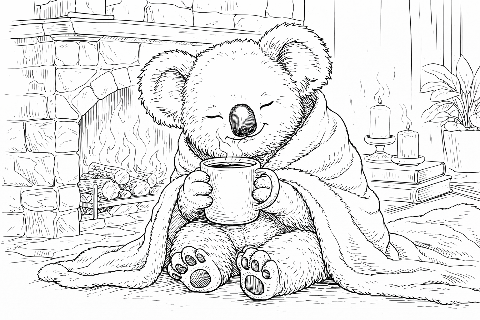 Kleurplaat van een koala met een mok bij de open haard