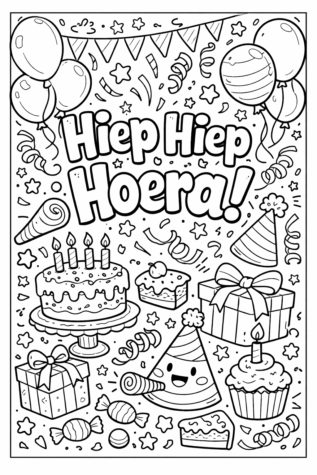 Kleurplaat Verjaardag hiep hiep hoera — Groot staat de tekst 'Hiep hiep hoera!' tussen ballonnen en confetti, met een…