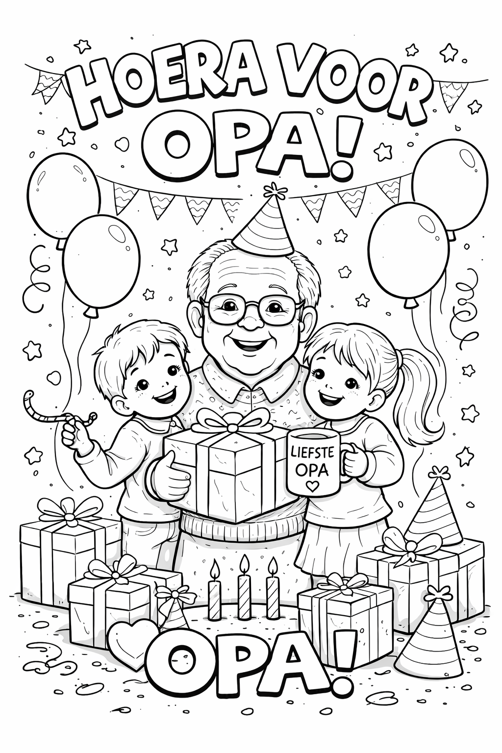 Kleurplaat Verjaardag opa: Een trotse opa met bril en een feestmutsje op wordt in het zonnetje gezet door zijn…