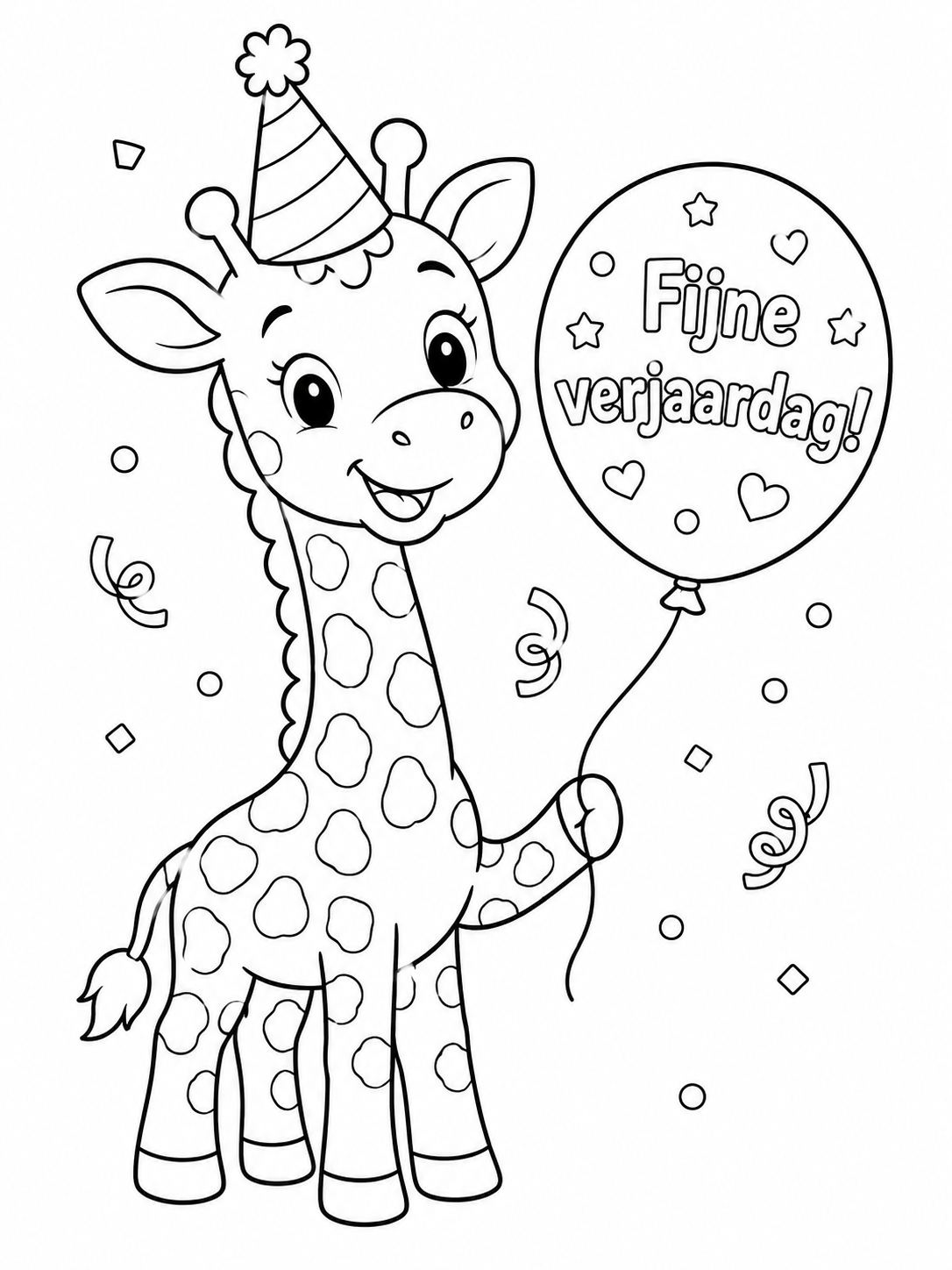 Kleurplaat Verjaardag giraffe — Een giraf met een gestreept feestmutsje en een gevlekte vacht houdt een ballon vast met de…