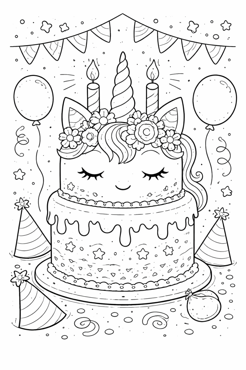 Gratis kleurplaat verjaardag unicorn: Een sprankelende verjaardagstaart is versierd met een eenhoornhoorn, oren en een kroon…