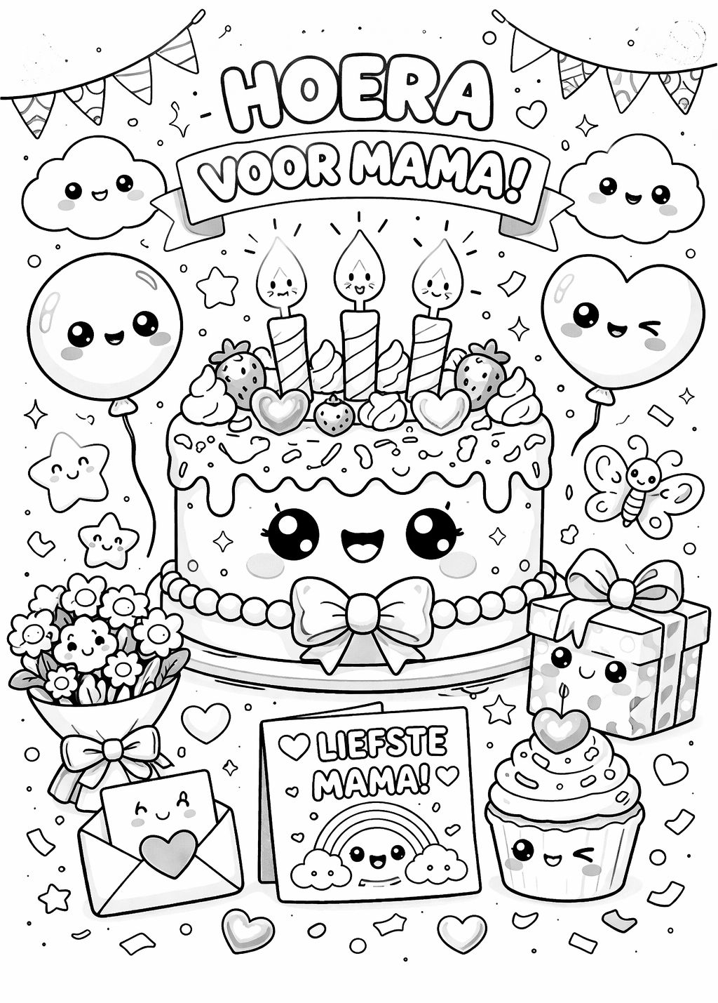 Kleurplaat verjaardagskaart voor mama met taart en cadeautjes