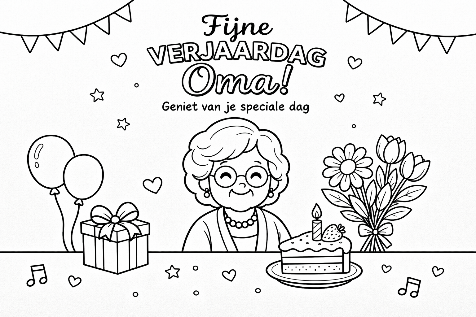 Kleurplaat verjaardagskaart voor oma met taart en bloemen